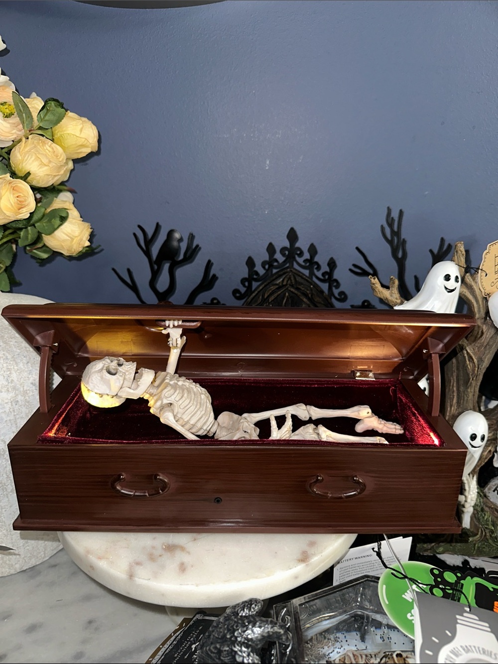Wood like Mini Coffin Display with Velvet Interior and Skeleton lights and sound